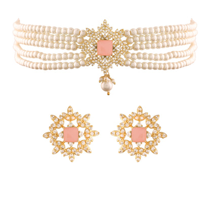 Women's Gold Plated Pink CZ Crystal Stone with Pearl Choker Necklace Set