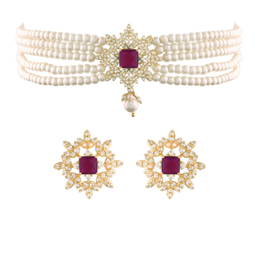 Women's Gold Plated Dark Pink CZ Crystal with Pearl Choker Necklace Set