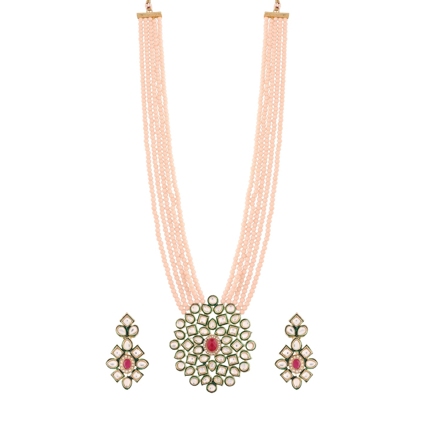 Women's 5 Layered Emerald Onyx Crystal Beads Necklace Set Glided With Uncut Polki Kundan
