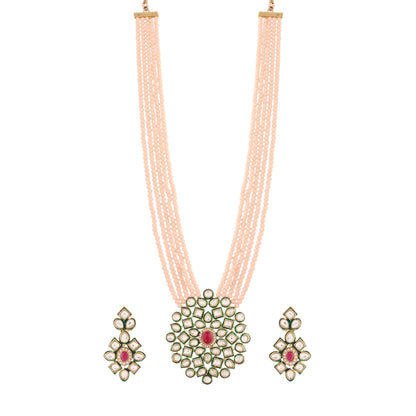 Women's 5 Layered Emerald Onyx Crystal Beads Necklace Set Glided With Uncut Polki Kundan