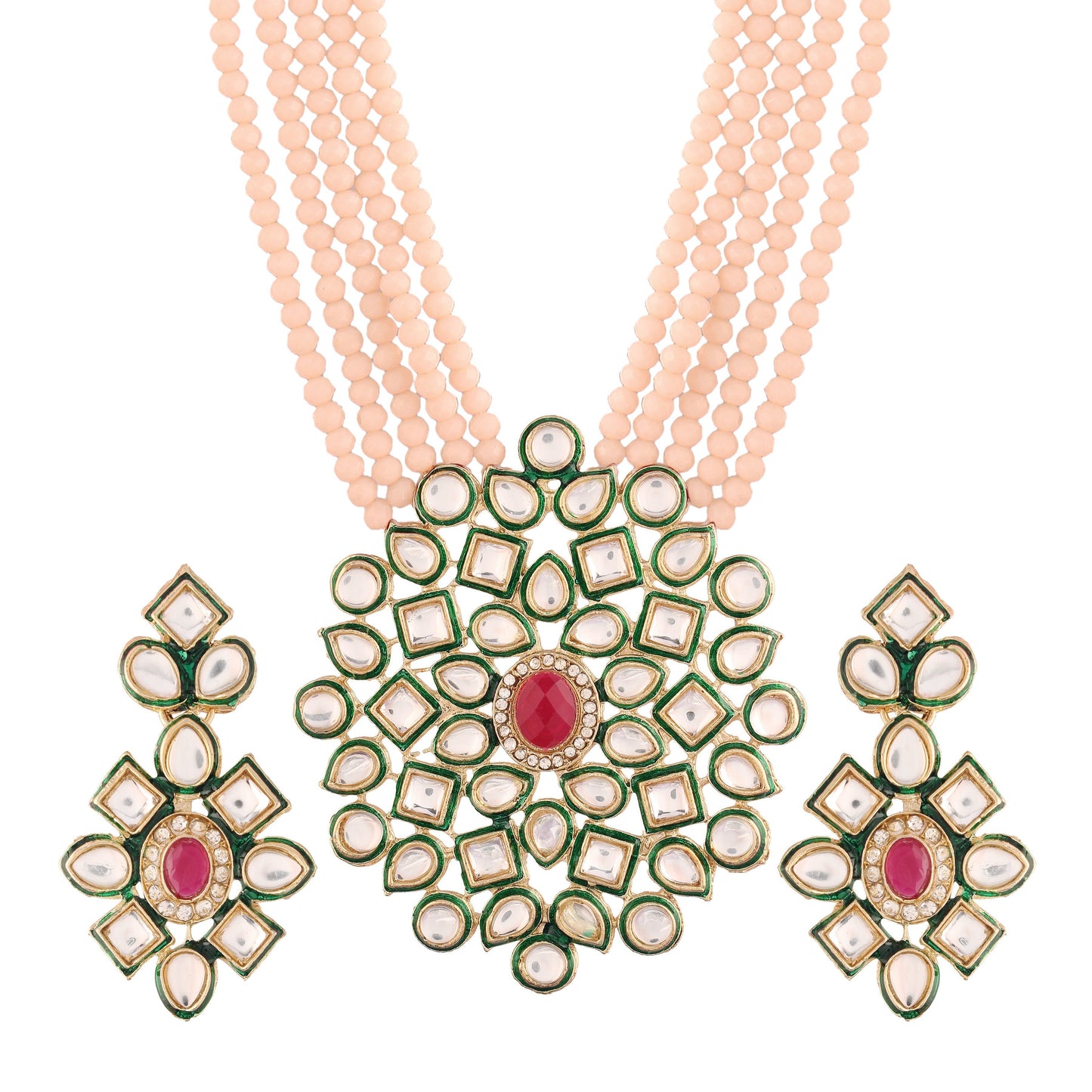 Women's 5 Layered Emerald Onyx Crystal Beads Necklace Set Glided With Uncut Polki Kundan