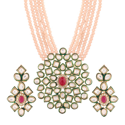 Women's 5 Layered Emerald Onyx Crystal Beads Necklace Set Glided With Uncut Polki Kundan