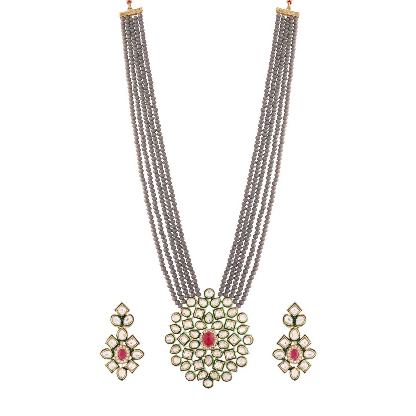 Women's 5 Layered Grey Onyx Crystal Beads Necklace Set Glided With Uncut Polki Kundan