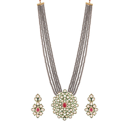 Women's 5 Layered Grey Onyx Crystal Beads Necklace Set Glided With Uncut Polki Kundan