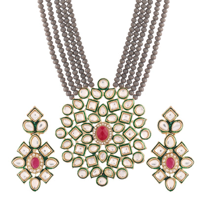 Women's 5 Layered Grey Onyx Crystal Beads Necklace Set Glided With Uncut Polki Kundan