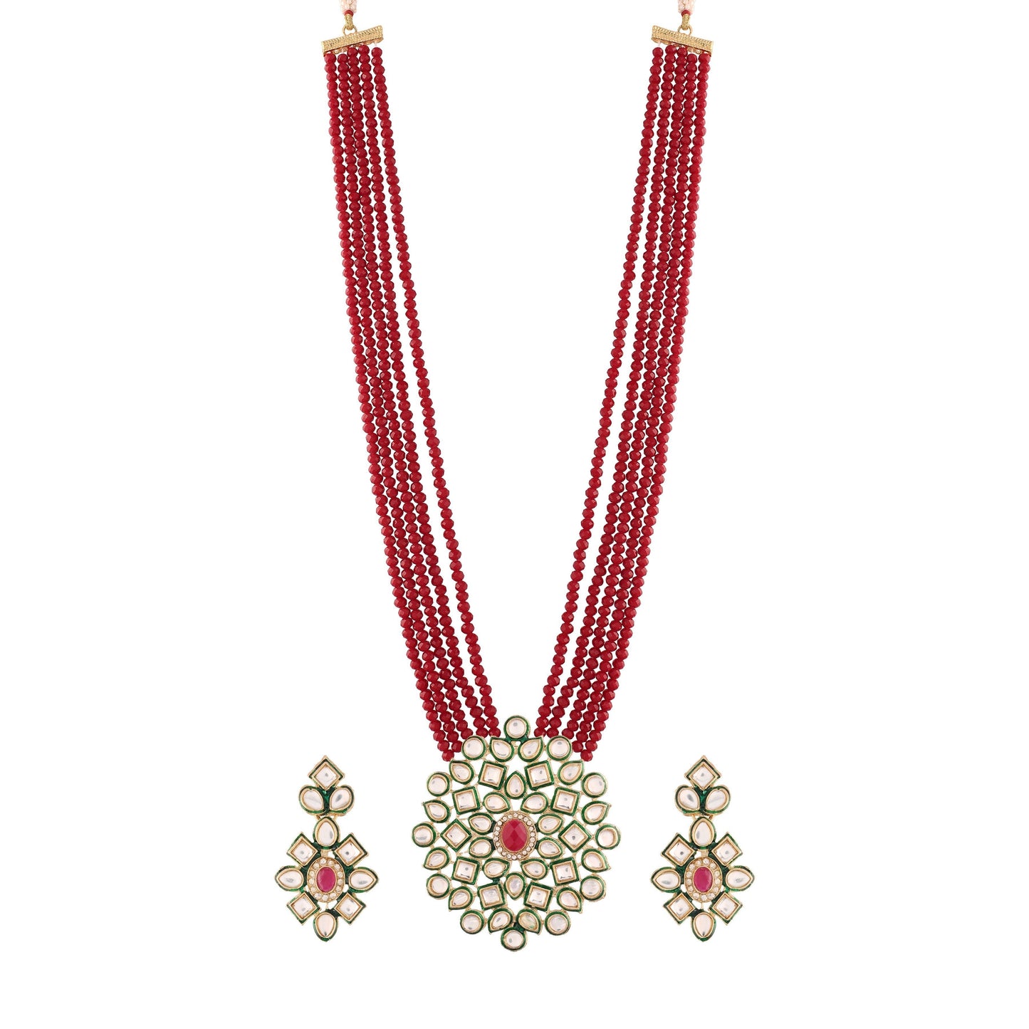 Women's 5 Layered Maroon Onyx Crystal Beads Necklace Set Glided With Uncut Polki Kundan