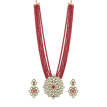 Women's 5 Layered Maroon Onyx Crystal Beads Necklace Set Glided With Uncut Polki Kundan