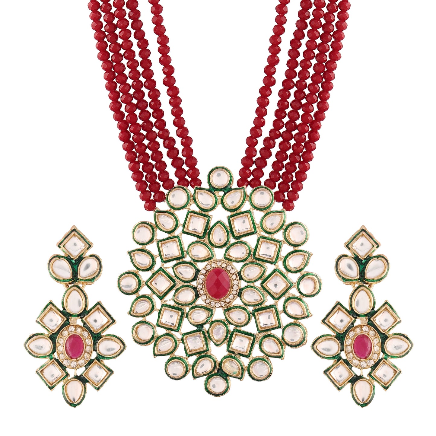 Women's 5 Layered Maroon Onyx Crystal Beads Necklace Set Glided With Uncut Polki Kundan