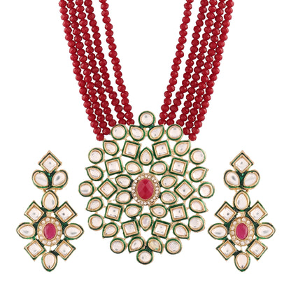 Women's 5 Layered Maroon Onyx Crystal Beads Necklace Set Glided With Uncut Polki Kundan