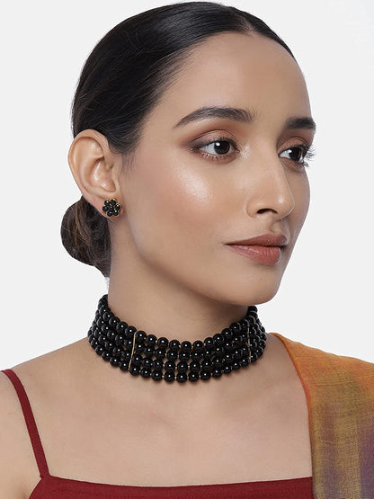 Women's 18k Gold Plated Black Pearl Beaded Choker Se