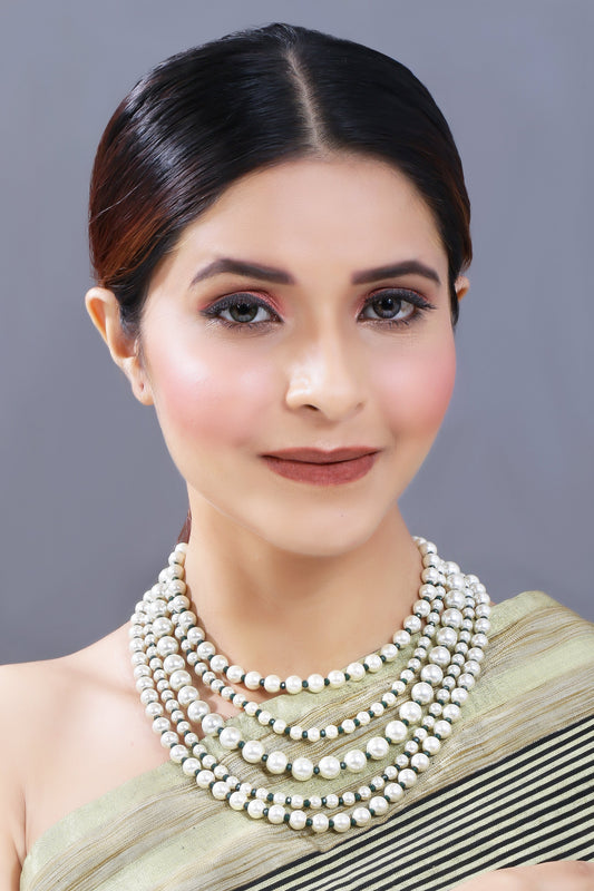 Women's Gold Plated Green 5 Layered Pearl Beads Rani Necklace Set