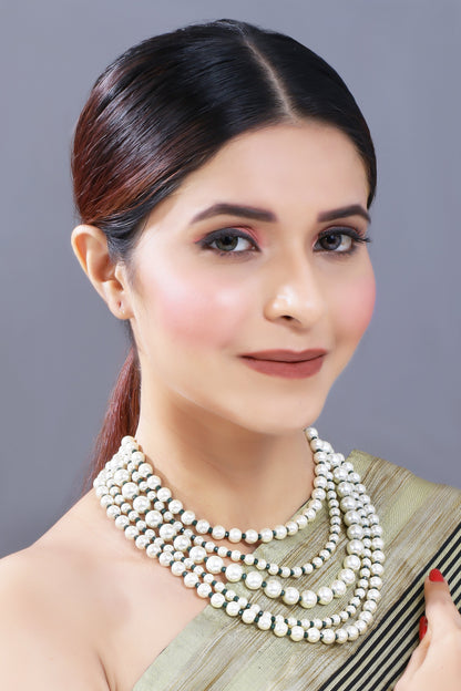 Women's Gold Plated Green 5 Layered Pearl Beads Rani Necklace Set