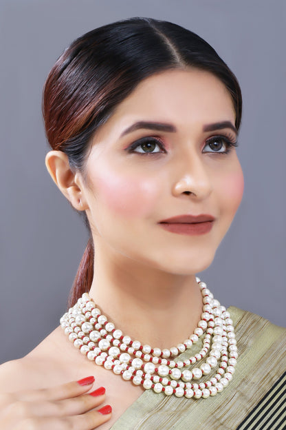 Women's Gold Plated Maroon 5 Layered Pearl Beads Rani Necklace Set