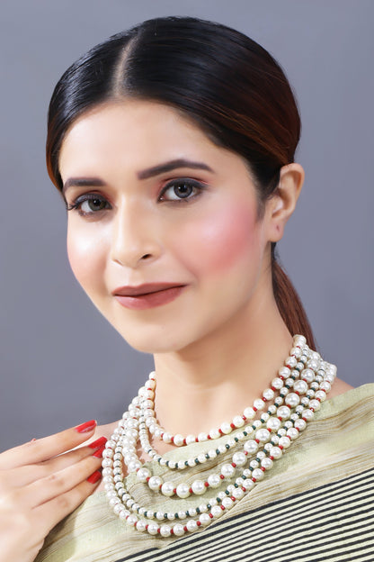 Women's Gold Plated Maroon & Green 5 Layered Pearl Beads Rani Necklace Set