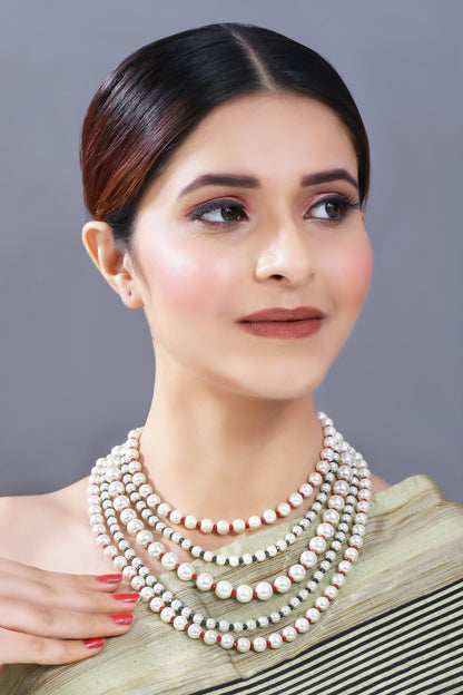 Women's Gold Plated Maroon & Green 5 Layered Pearl Beads Rani Necklace Set