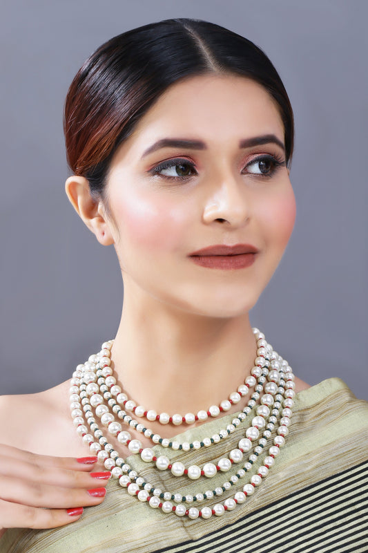 Women's Gold Plated Maroon & Green 5 Layered Pearl Beads Rani Necklace Set