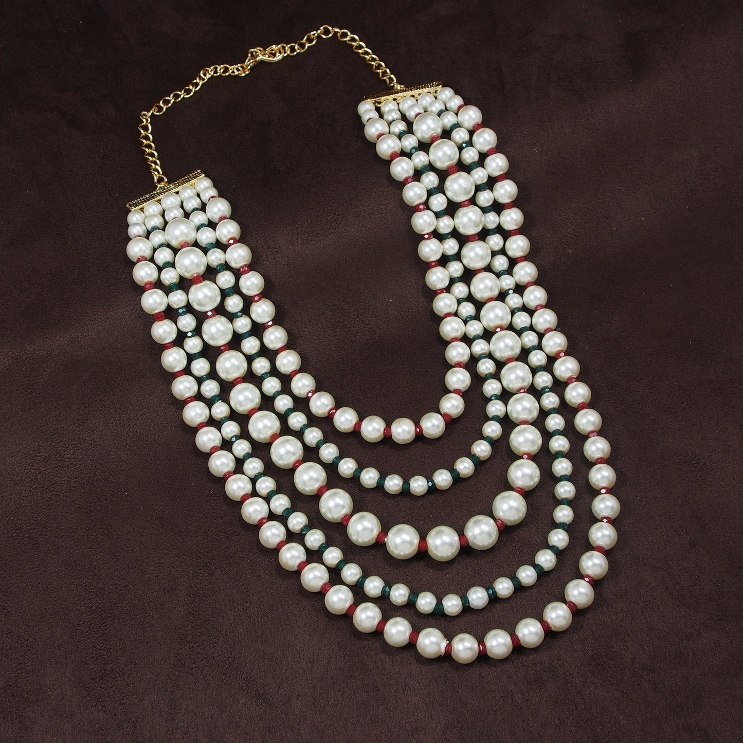 Women's Gold Plated Maroon & Green 5 Layered Pearl Beads Rani Necklace Set