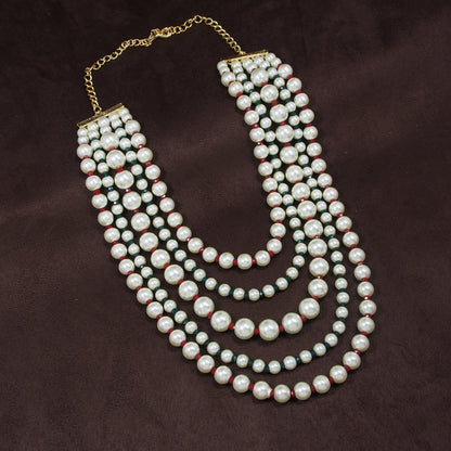 Women's Gold Plated Maroon & Green 5 Layered Pearl Beads Rani Necklace Set