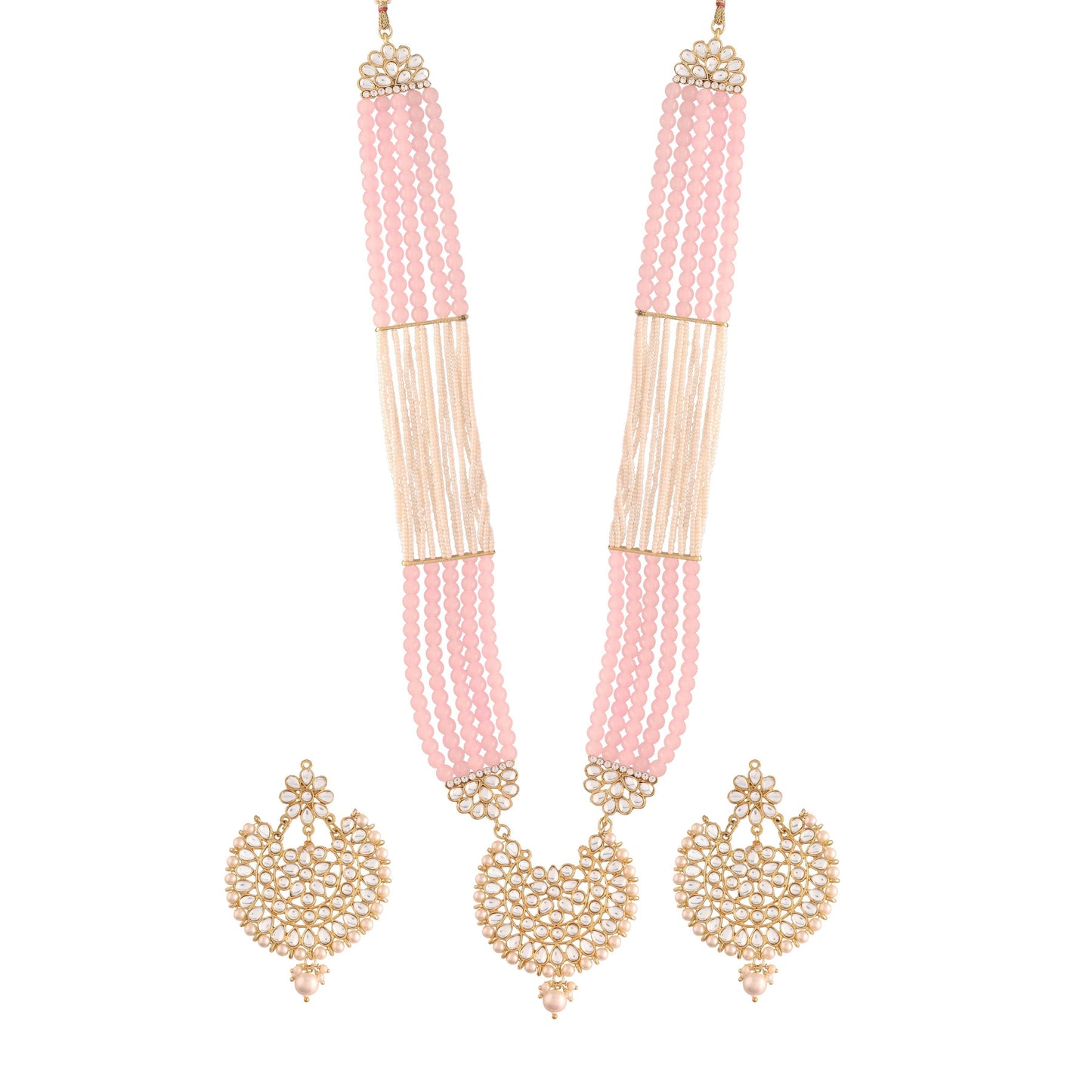 Women's Gold Plated Pink Ethnic 5 Layer Kundan Pearl Studded Long Necklace Set