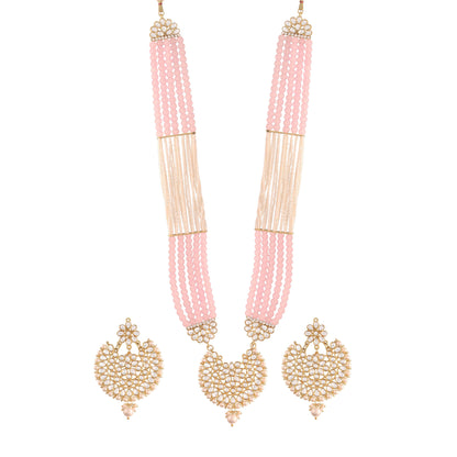 Women's Gold Plated Pink Ethnic 5 Layer Kundan Pearl Studded Long Necklace Set
