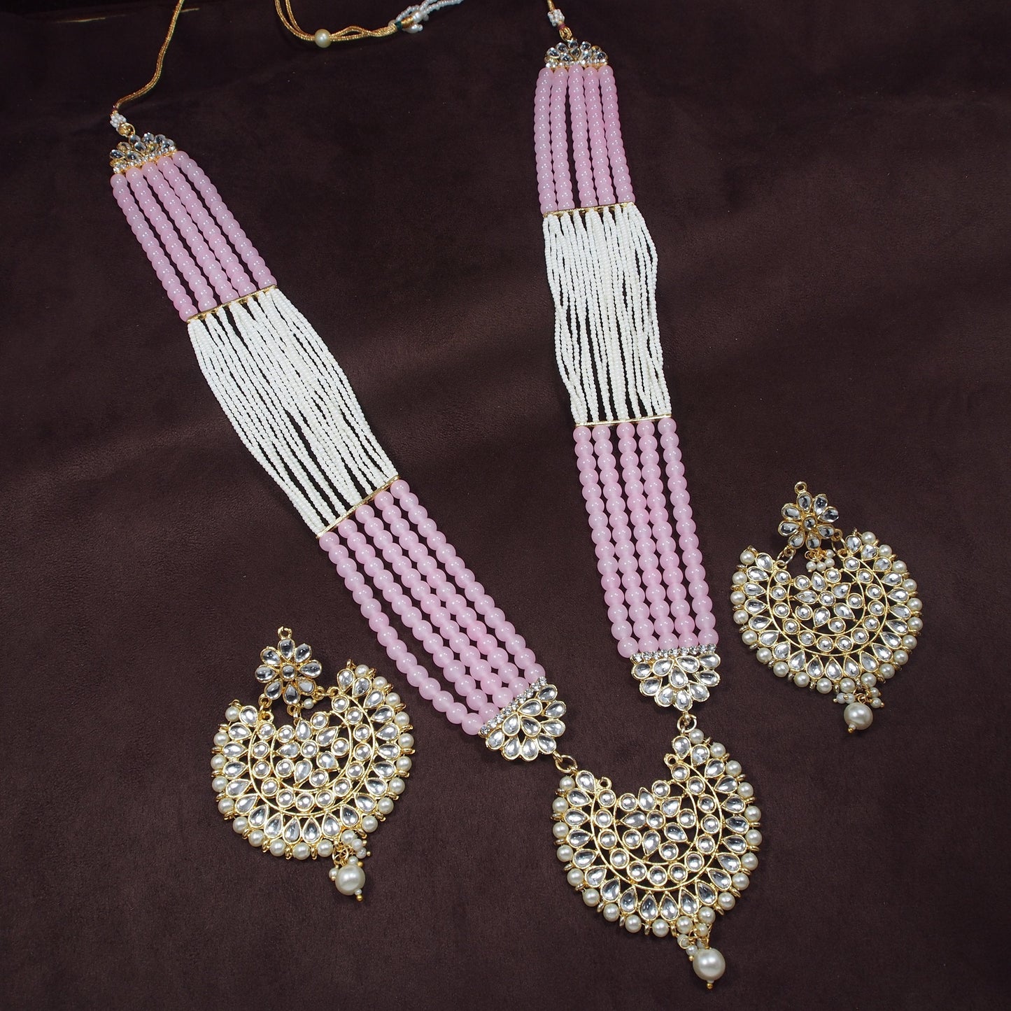 Women's Gold Plated Pink Ethnic 5 Layer Kundan Pearl Studded Long Necklace Set