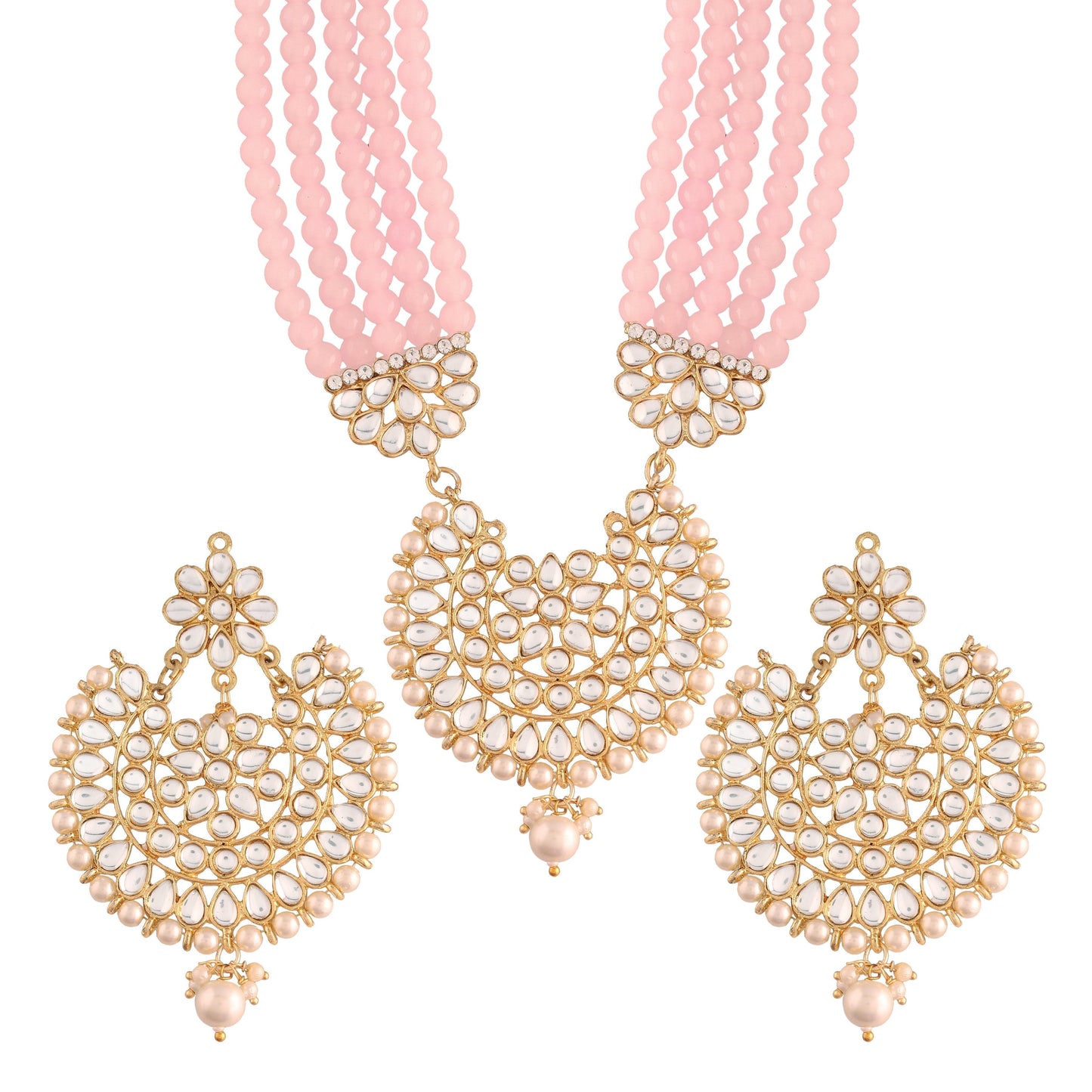 Women's Gold Plated Pink Ethnic 5 Layer Kundan Pearl Studded Long Necklace Set
