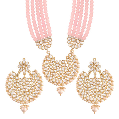 Women's Gold Plated Pink Ethnic 5 Layer Kundan Pearl Studded Long Necklace Set