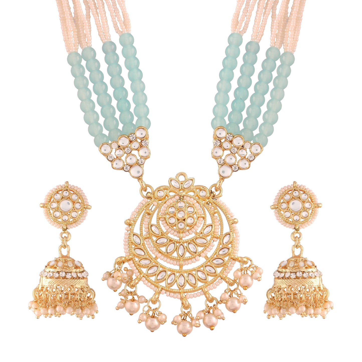 Women's Gold Plated Turquoise Ethnic Kundan Pearl Studded Long Necklace Set