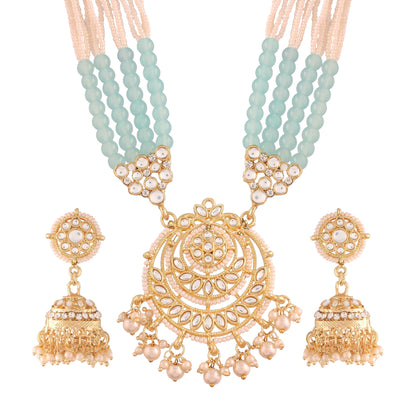 Women's Gold Plated Turquoise Ethnic Kundan Pearl Studded Long Necklace Set