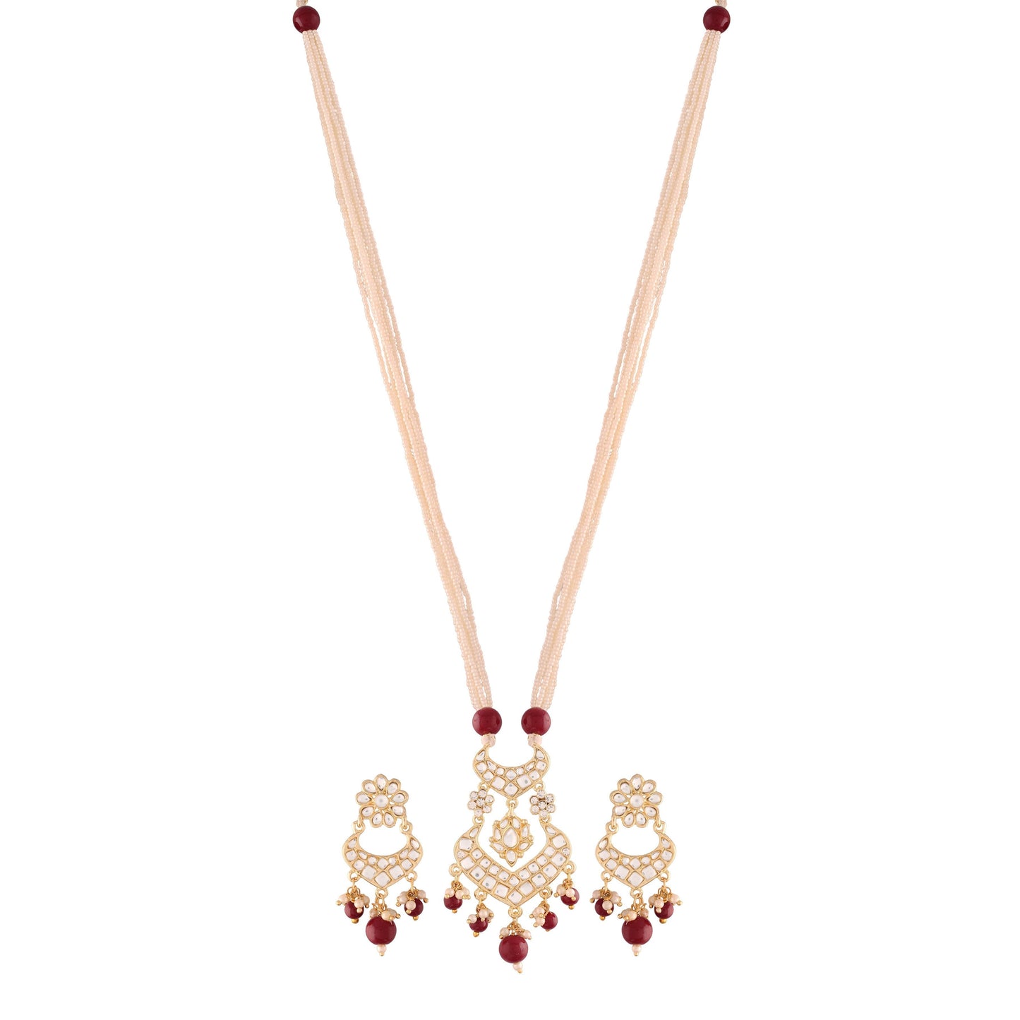 Women's Gold PlatedMaroon Ethnic Kundan Pearl Studded Long Necklace Set