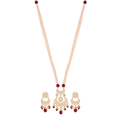 Women's Gold PlatedMaroon Ethnic Kundan Pearl Studded Long Necklace Set