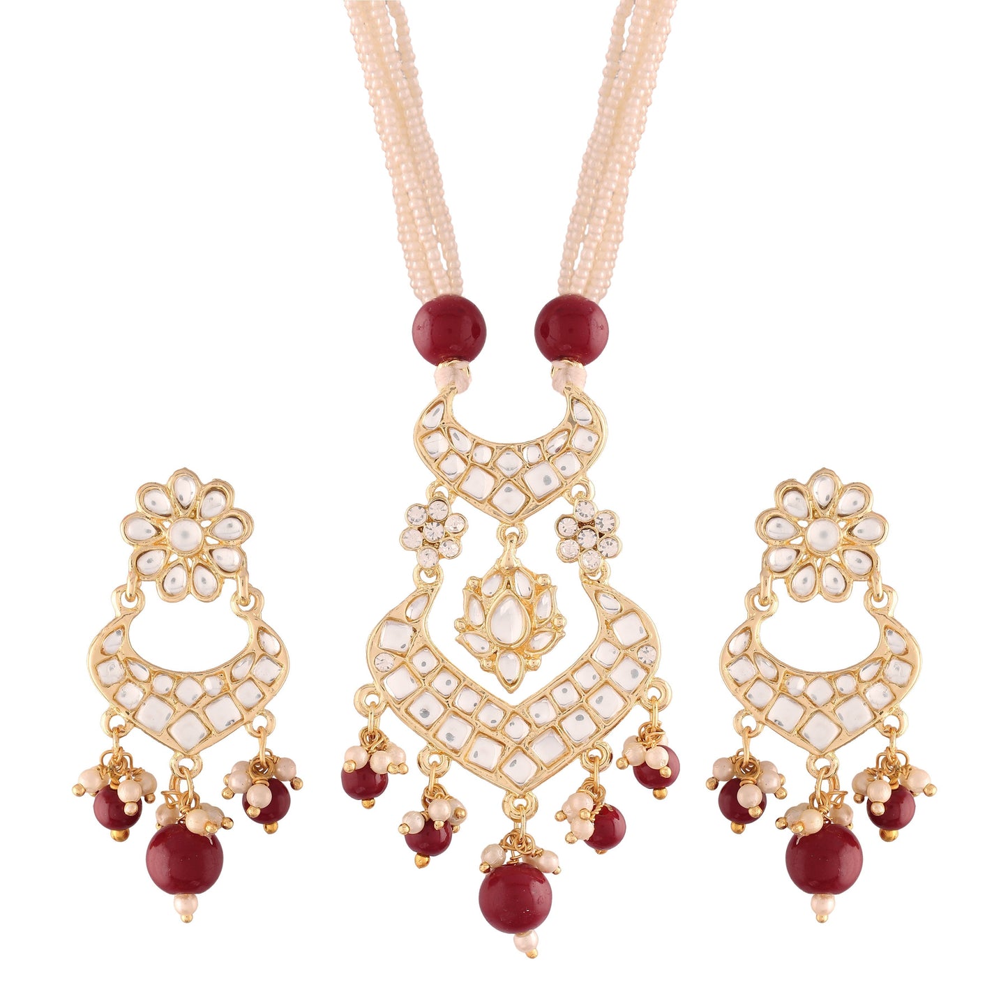 Women's Gold PlatedMaroon Ethnic Kundan Pearl Studded Long Necklace Set