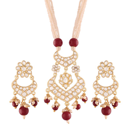 Women's Gold PlatedMaroon Ethnic Kundan Pearl Studded Long Necklace Set
