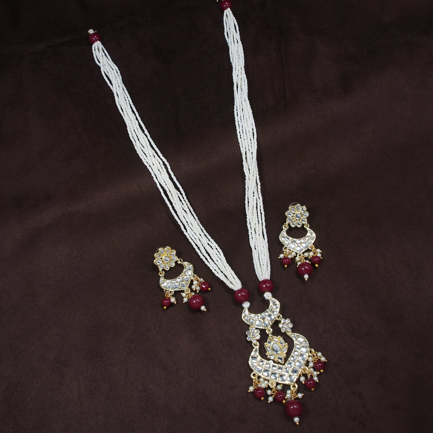 Women's Gold PlatedMaroon Ethnic Kundan Pearl Studded Long Necklace Set