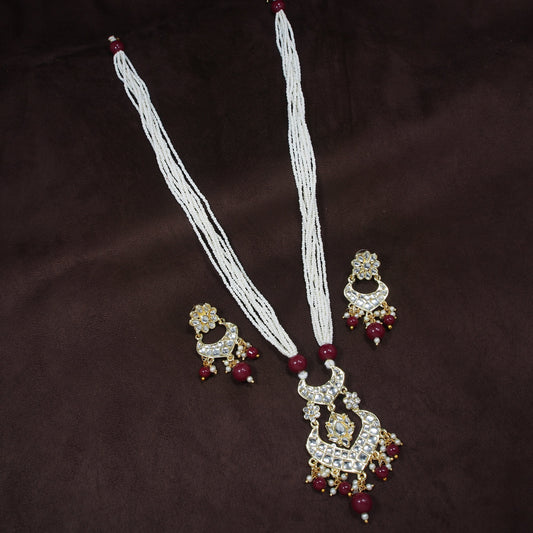Women's Gold PlatedMaroon Ethnic Kundan Pearl Studded Long Necklace Set