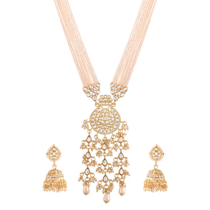 Women's Gold Plated White Ethnic Kundan Pearl Studded Long Necklace Set