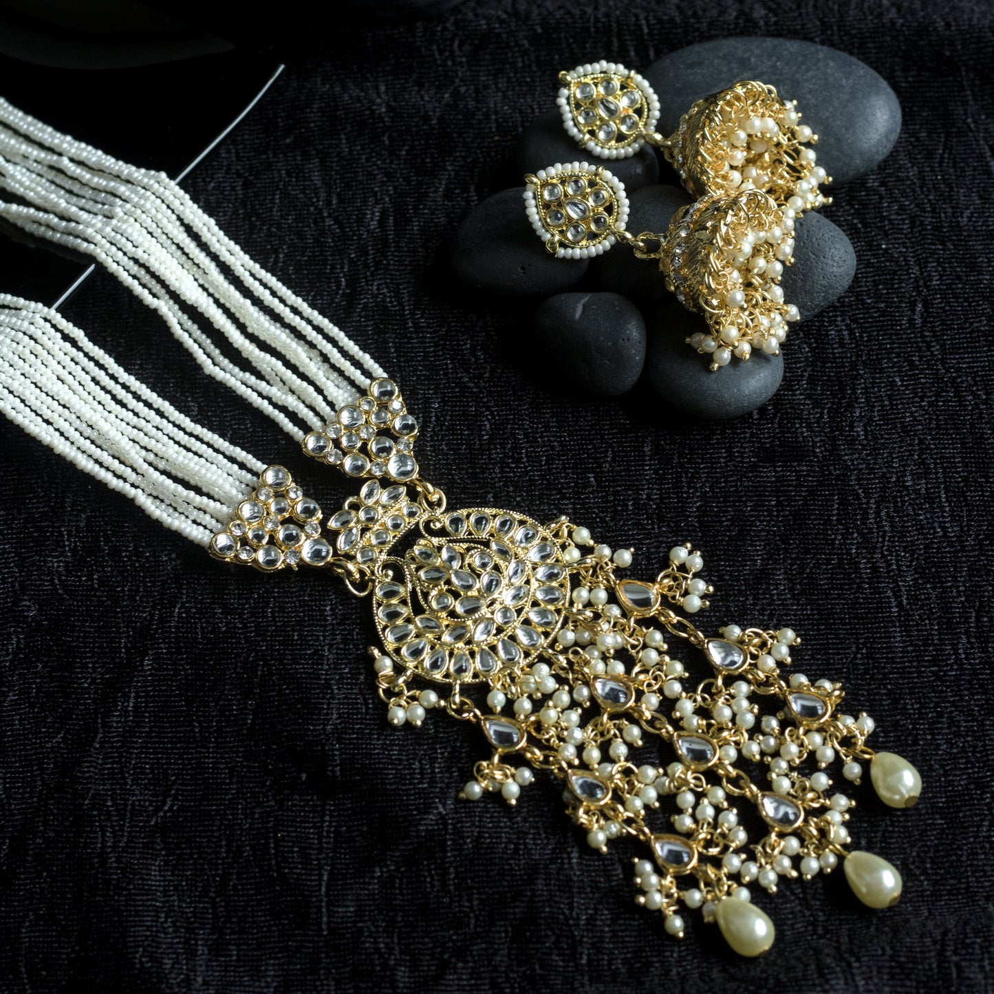Women's Gold Plated White Ethnic Kundan Pearl Studded Long Necklace Set