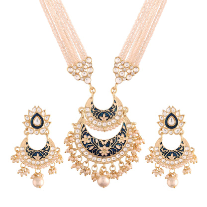 Women's Gold Plated Blue Ethnic Kundan Pearl Studded Meenakari Long Necklace Set