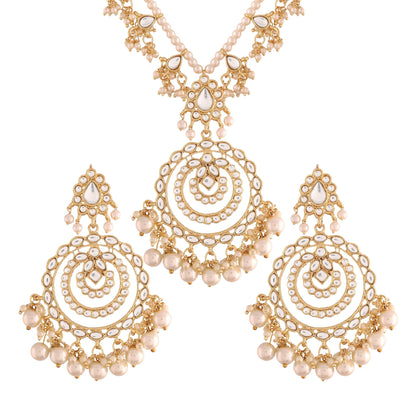 Women's Gold Plated White Ethnic Multi Layer Kundan Pearl Studded Long Necklace Set