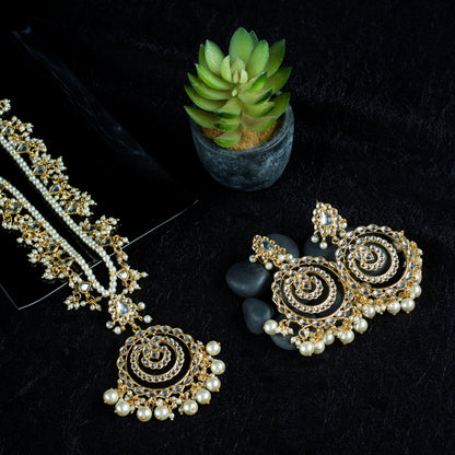 Women's Gold Plated White Ethnic Multi Layer Kundan Pearl Studded Long Necklace Set