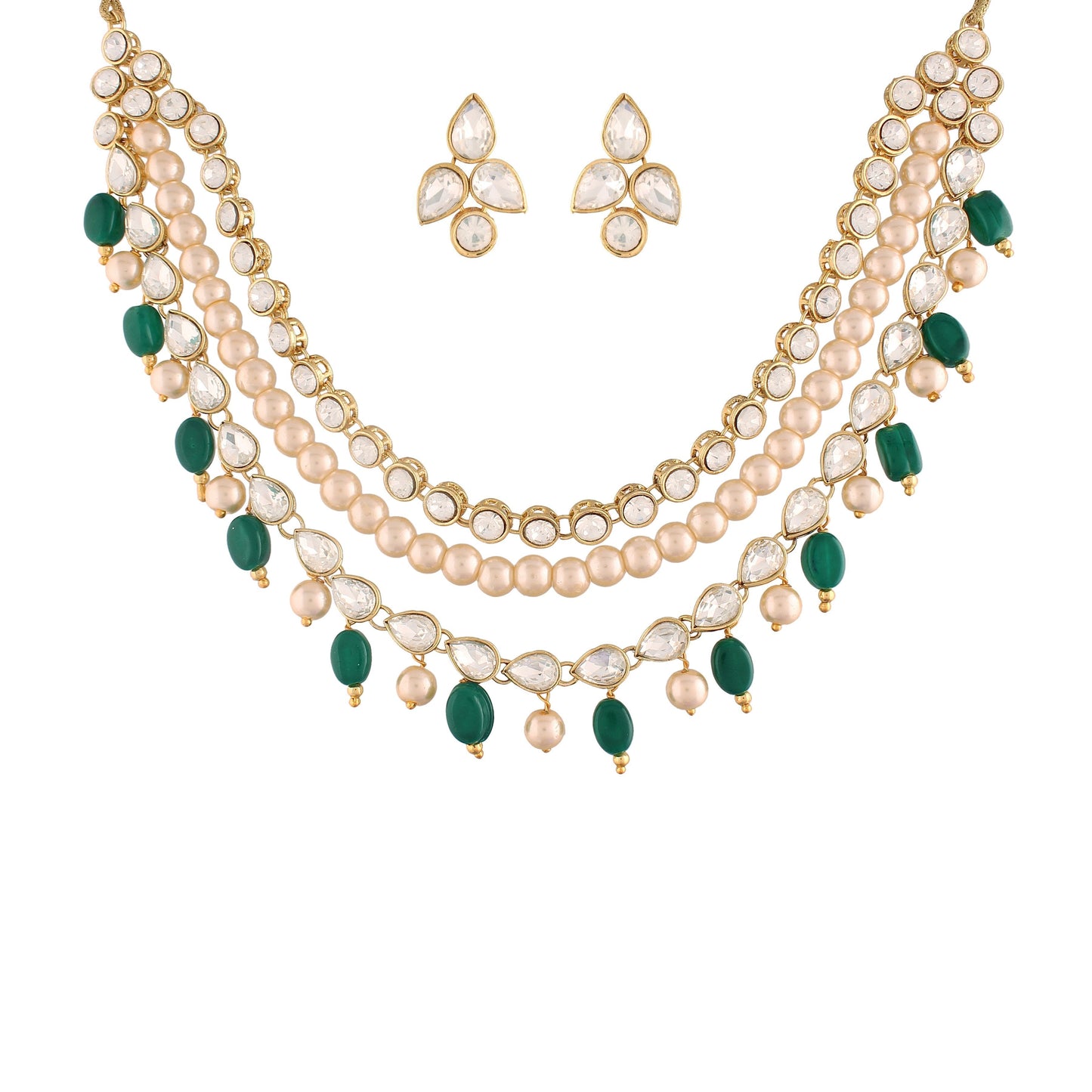 Women's  Gold Plated Pearl Studded & Beaded Necklace  Green Jewellery Set
