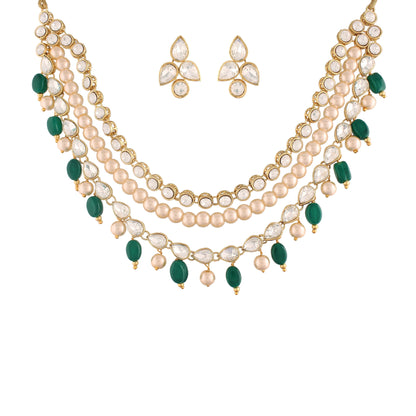Women's  Gold Plated Pearl Studded & Beaded Necklace  Green Jewellery Set