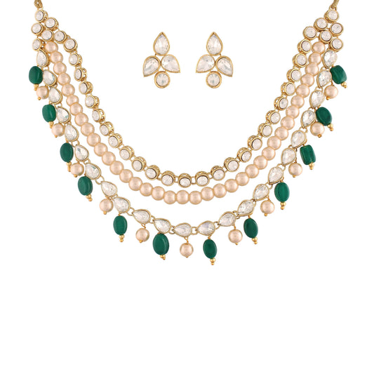Women's  Gold Plated Pearl Studded & Beaded Necklace  Green Jewellery Set
