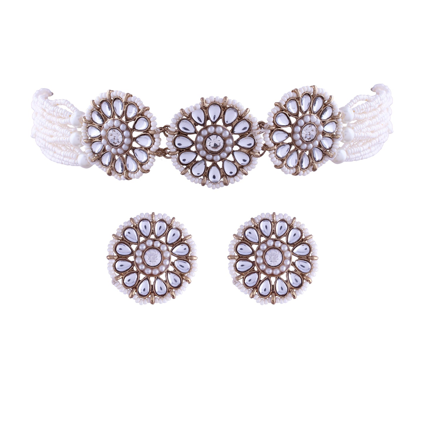 Women's 18K Gold Plated Traditional Kundan Studded Pearl choker with Earrings