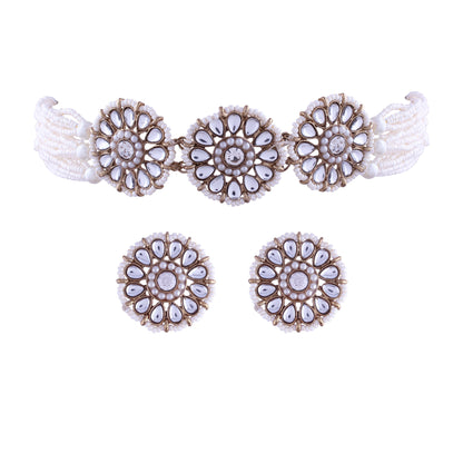 Women's 18K Gold Plated Traditional Kundan Studded Pearl choker with Earrings