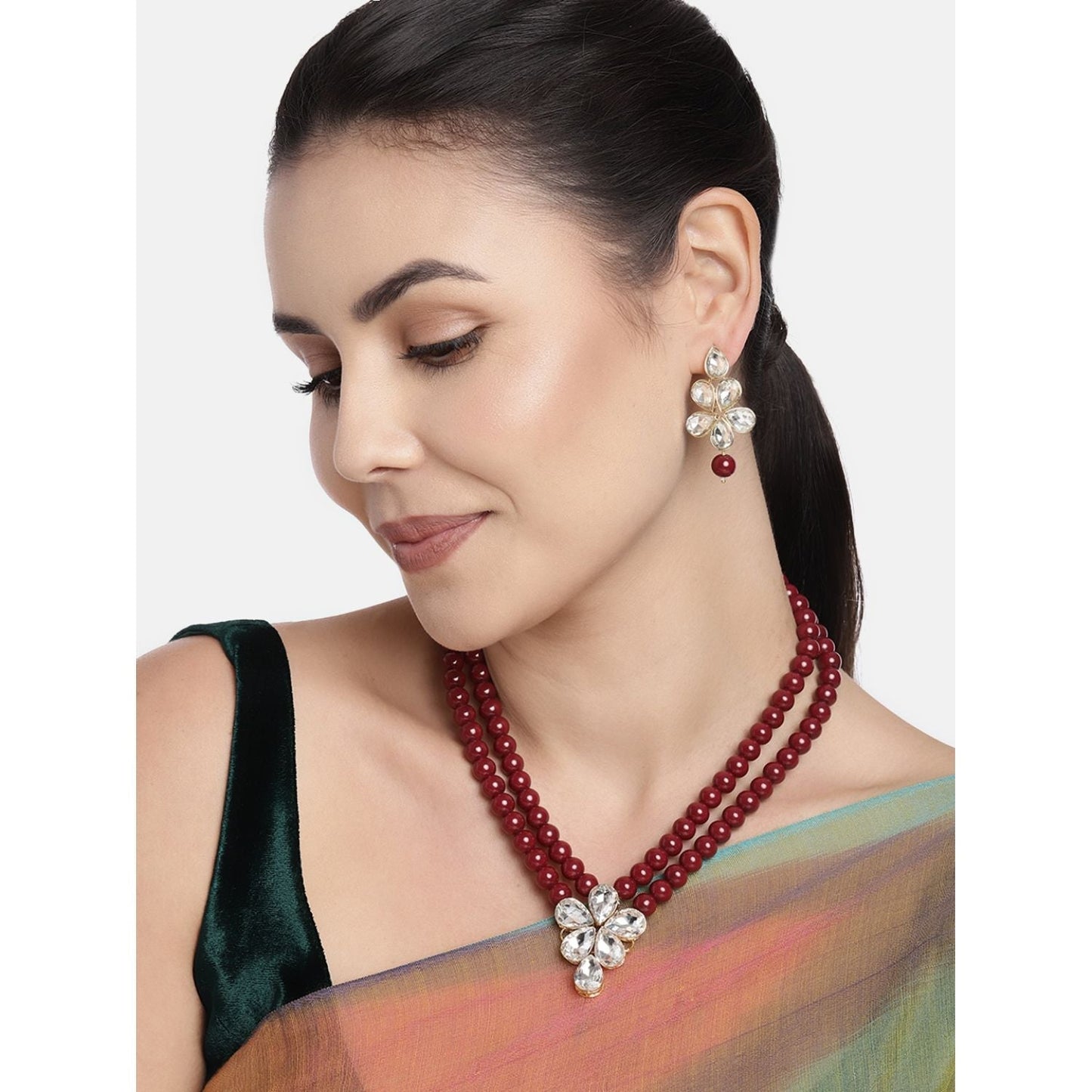 Women's 18k Gold Plated Traditional Kundan & Pearl Studded Necklace Jewellery Set