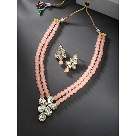 Women's 18k Gold Plated Traditional Kundan & Pearl Studded Necklace Jewellery Set ML31