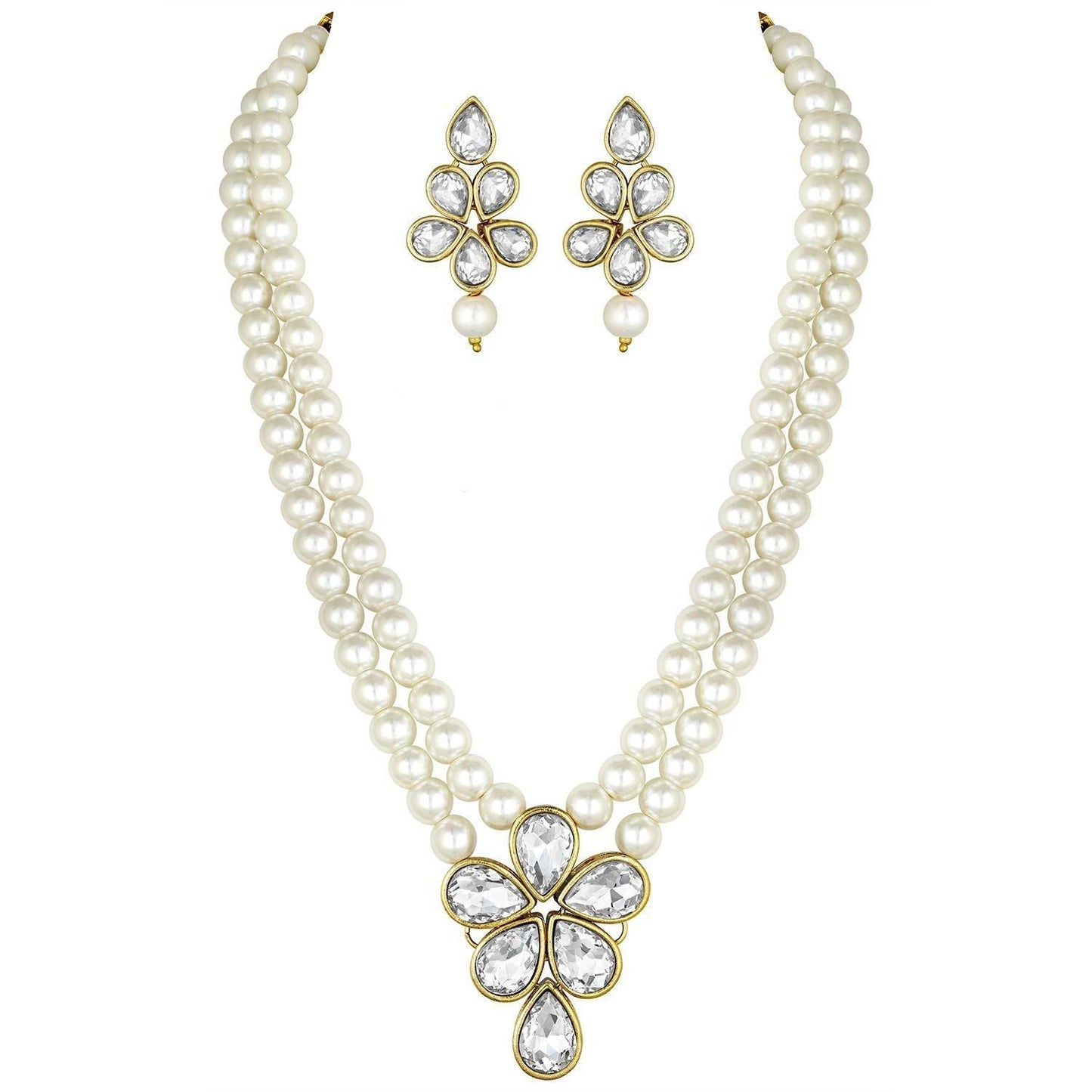 Women's 18k Gold Plated Traditional Kundan & Pearl Studded Necklace Jewellery Set