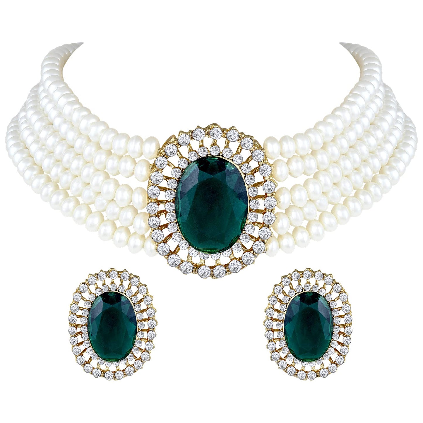 Women's Gold Plated Traditional Green Stone Studded Pearl Choker Necklace Jewellery Set