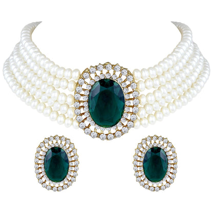 Women's Gold Plated Traditional Green Stone Studded Pearl Choker Necklace Jewellery Set